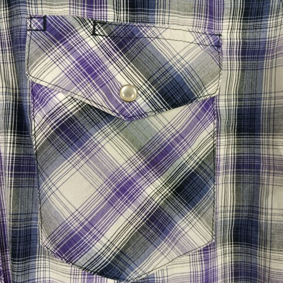 Vintage Wrangler Western Plaid Short Sleeve Shirt Size M Purple Pearl Snap Front - Picture 2 of 6